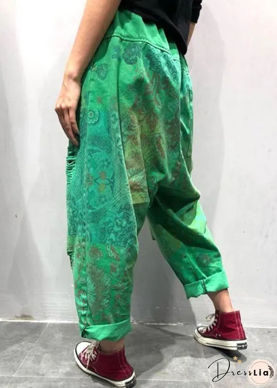 Plus Size Blue Print Tie Waist Ripped Wide Leg Pants Summer