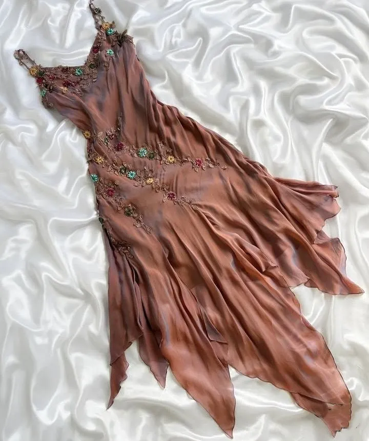 Vintage Brown-Tone Hand-Embroidered Multi-Color Floral Asymmetric Ruffled Strap Evening Gown