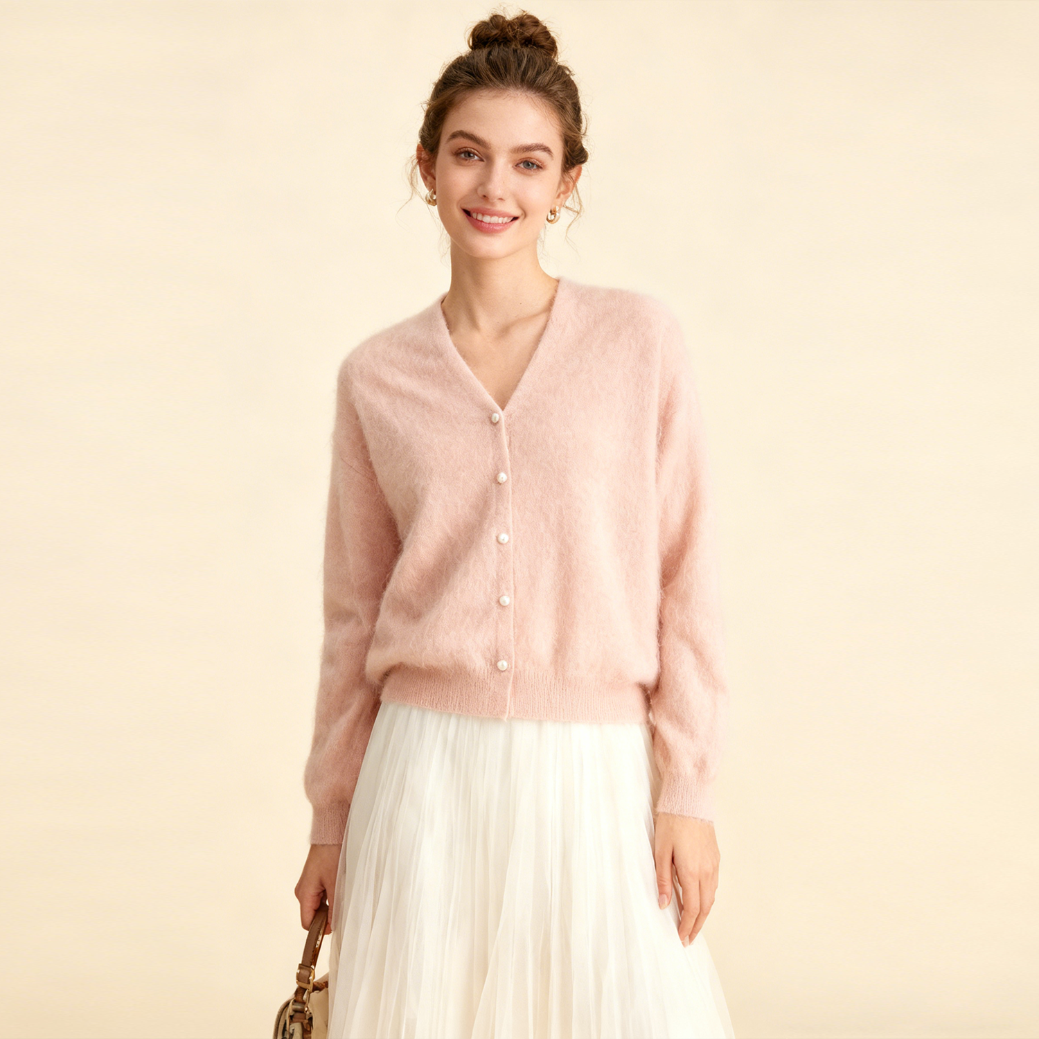 Women's Brushed Cashmere Cardigan Solid Color REAL SILK LIFE