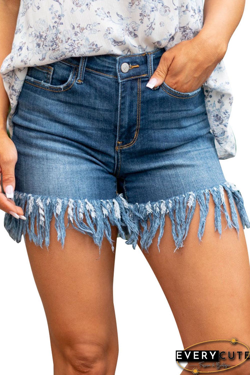 Blue High Waist Fringed Raw Hem Denim Shorts