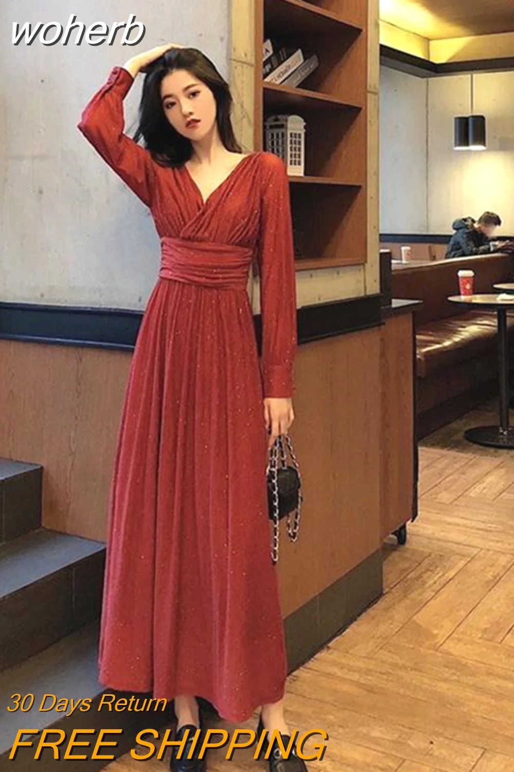 woherb Sleeve Dress Women Autumn Ankle-length Female Elegant Solid Bright-silk Stylish Vintage French Style Party Ulzzang Trendy
