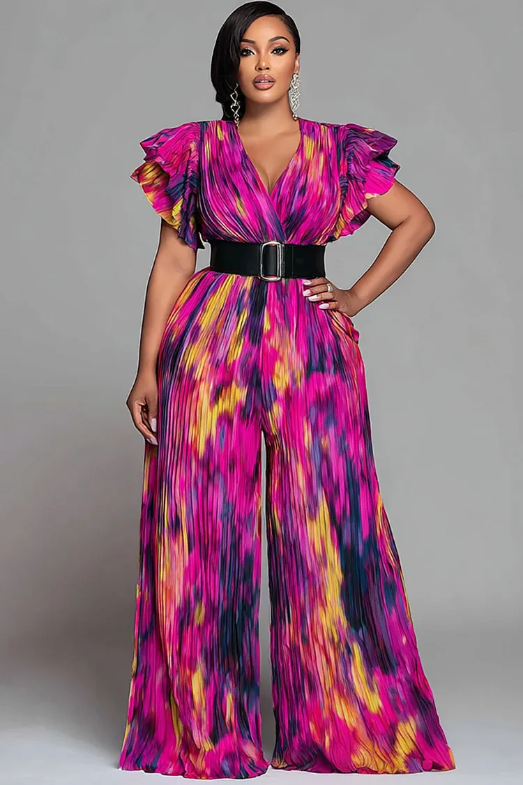 Xpluswear Design Plus Size Business Casual Hot Pink All Over Print Wrap Neck Short Sleeve Pleated Pocket Chiffon Jumpsuits [Pre-Order] 2024 - Xpluswear