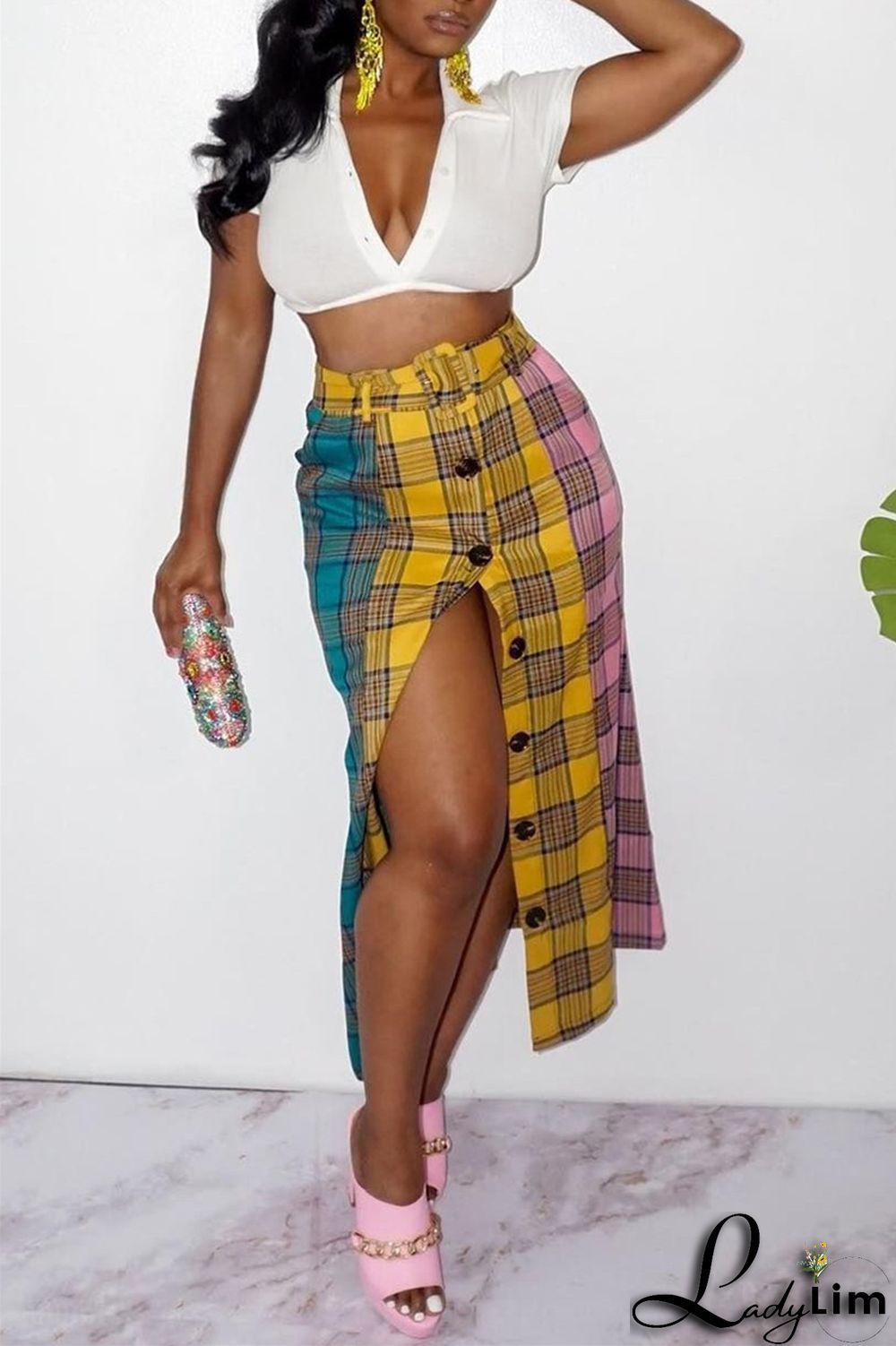 Red Fashion Casual Plaid Print Split Joint Regular High Waist Skirt