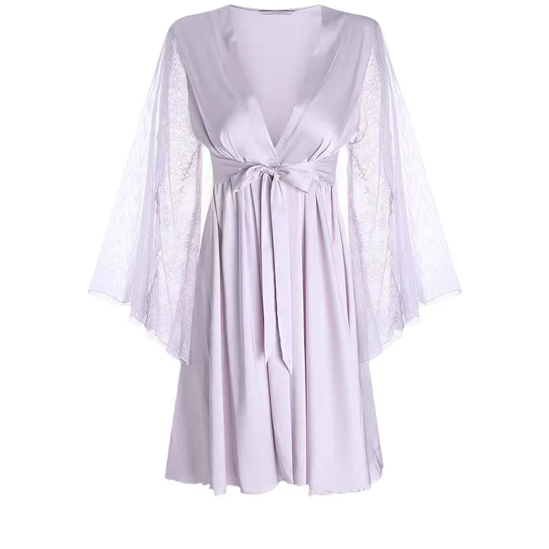Sdrawing Sdrawing Nightgown Women's Pure-Sensive High-End Sleeprobe 2025 New Spring And Autumn Ice Silk Splicing Lace Bathrobe Morning Robe