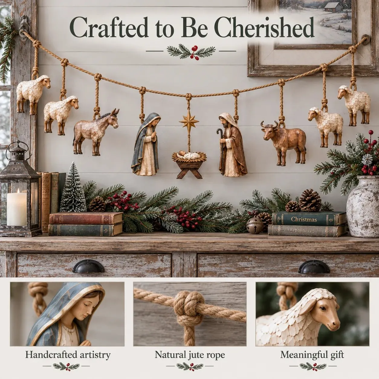 Close-up carved wood texture of Nativity figures