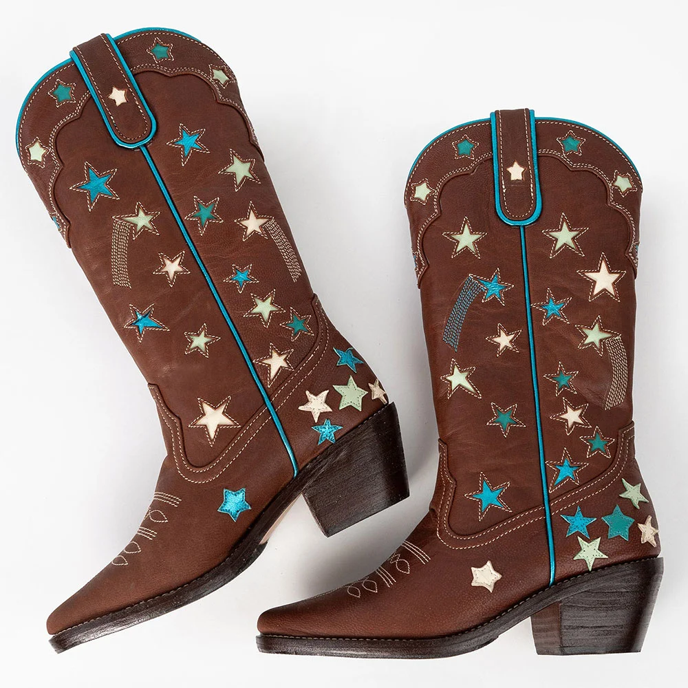 Brown Star Inlay Closed-Toe Stitching Wide Calf Cowgirl Boots