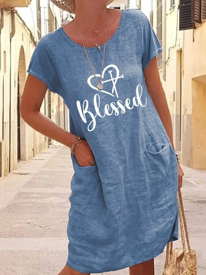 Women's Blessed Cross Heart Pocket Cotton Linen Dress