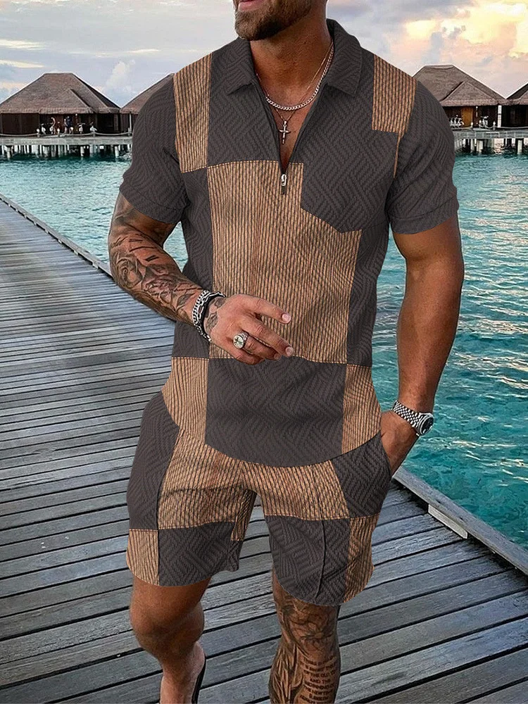 Men's Fashion Printed Zip Polo Shirt and Shorts Two-Piece Suits