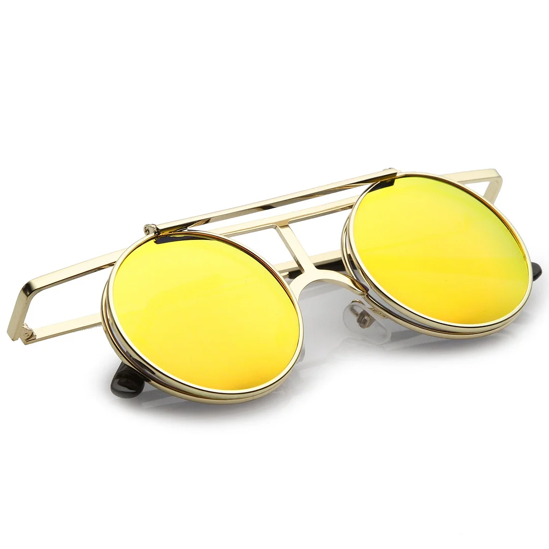 Steampunk Flip Up Cover Flat Top Colored Mirror Clear Lens Round glasses 44mm