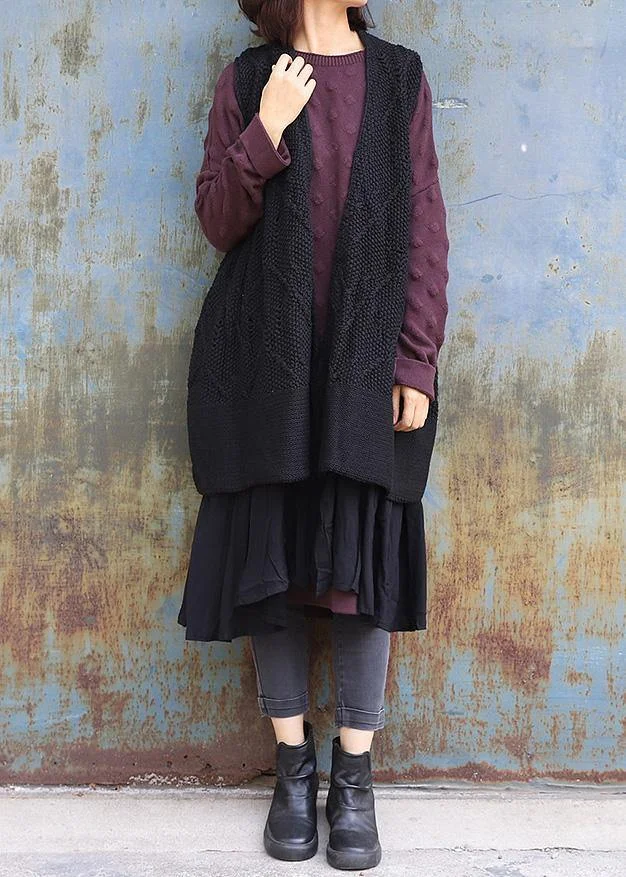 Vintage sleeveless knit outwear oversize black hollow out knit cardigans