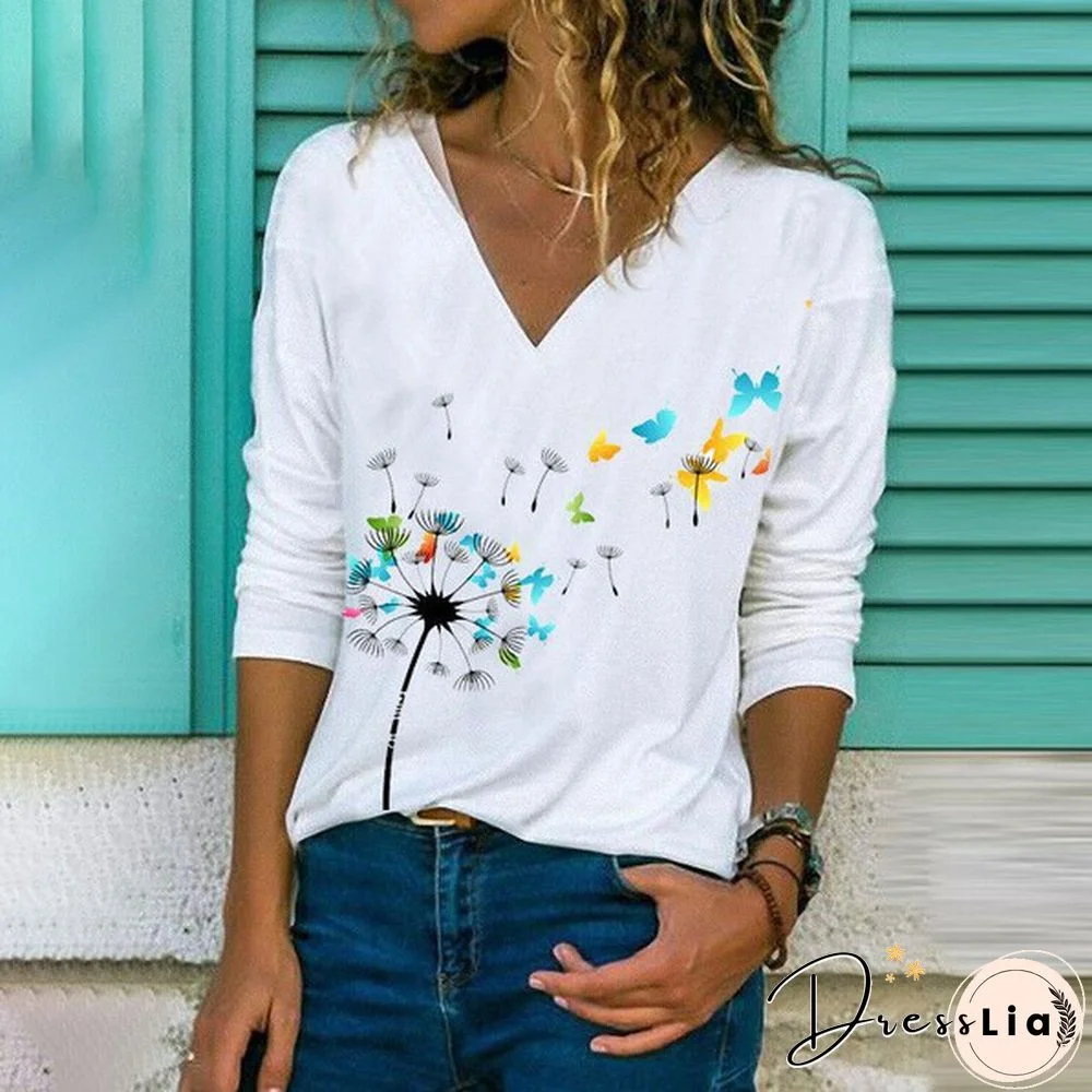 Women's Floral Printed V-neck Long Sleeve T-shirt Butterfly Printed Loose Top Casual Pullover Spring/Summer Ladies Shirt