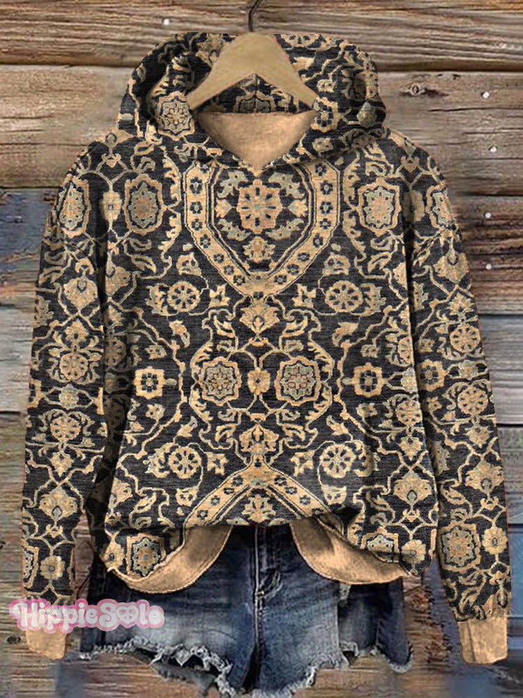 Vintage Ethnic Pattern Cozy Washed Hoodie Khaki / S