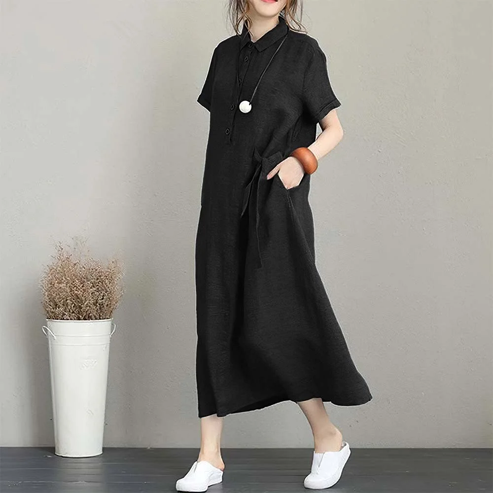 Smiledeer  Women's Casual Polo Neck Cotton and Linen Short Sleeve Dress
