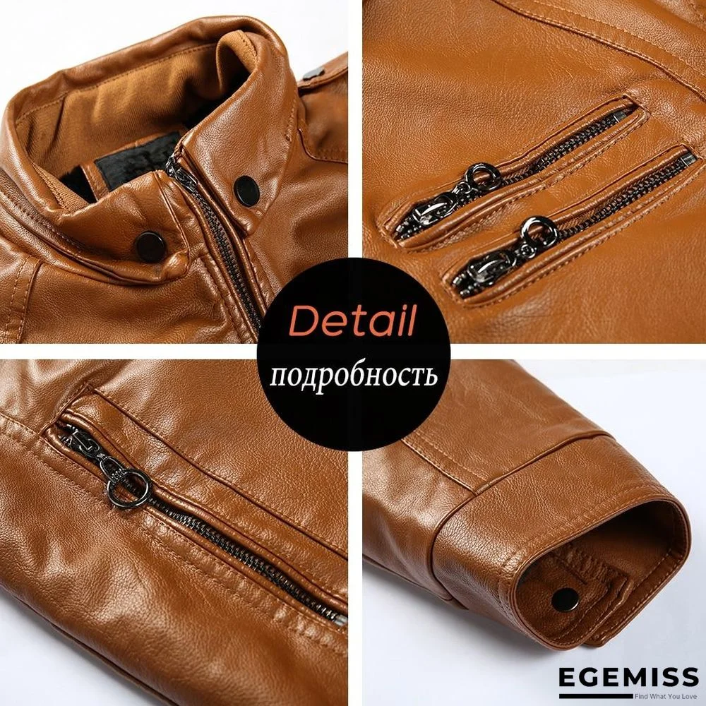 Men New Casual Thick Fleece Pockets Leather Jacket Coat Men PU Leather Motorcycle Vintage Faux Leather Jackets | EGEMISS