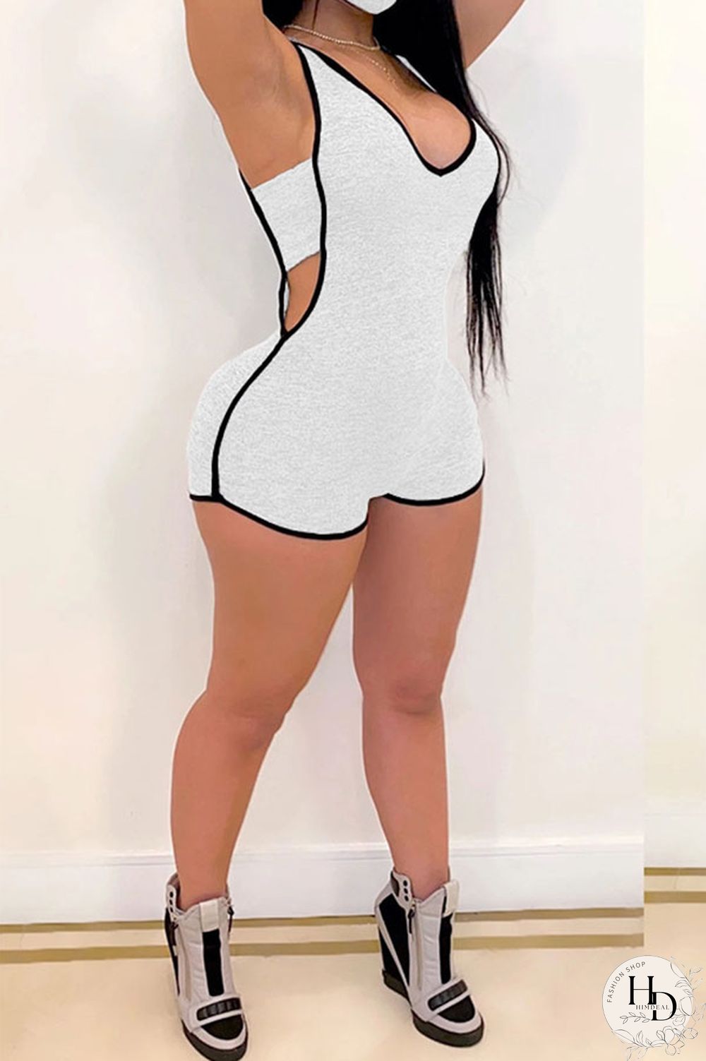 White Fashion Sexy Patchwork Hollow Solid Polyester Sleeveless V Neck Jumpsuits