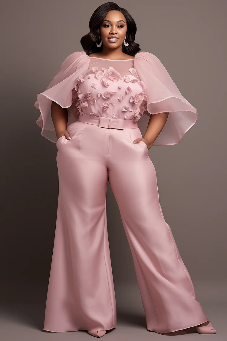 Xpluswear Design Plus Size Formal Pink Boat Neck Petal Sleeve 3D Elegant Pocket Chiffon Satin Jumpsuits [Pre-Order] 2024 - Xpluswear