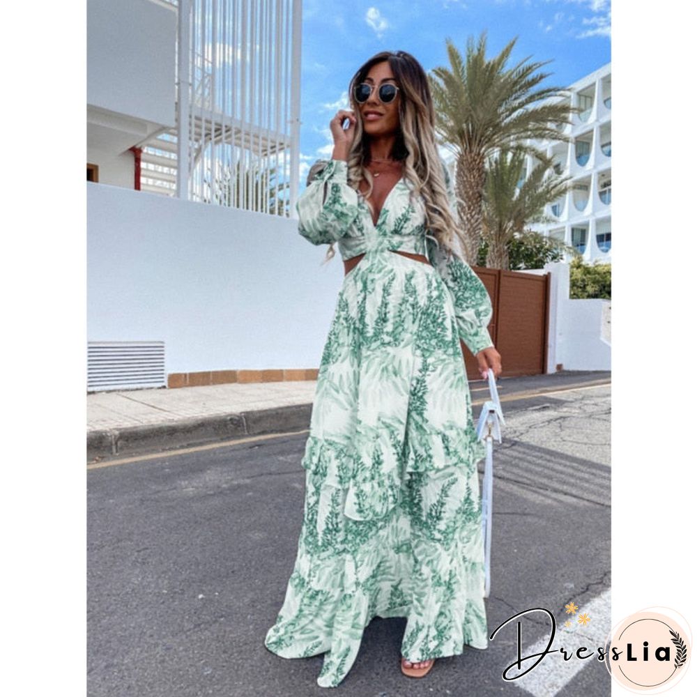 Back To School Outfit  Women Sexy Maxi Dress Summer V-Neck Backless Hollow Out Lantern Sleeve Club Party Long Dresses Female Tunic Beach Cover Up