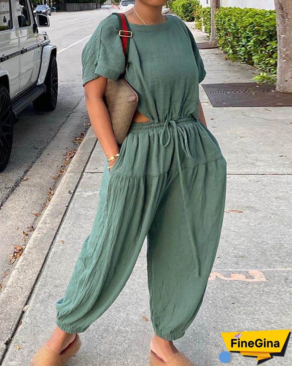 Short Sleeve Top & Pocket Design Drawstring Pants Set