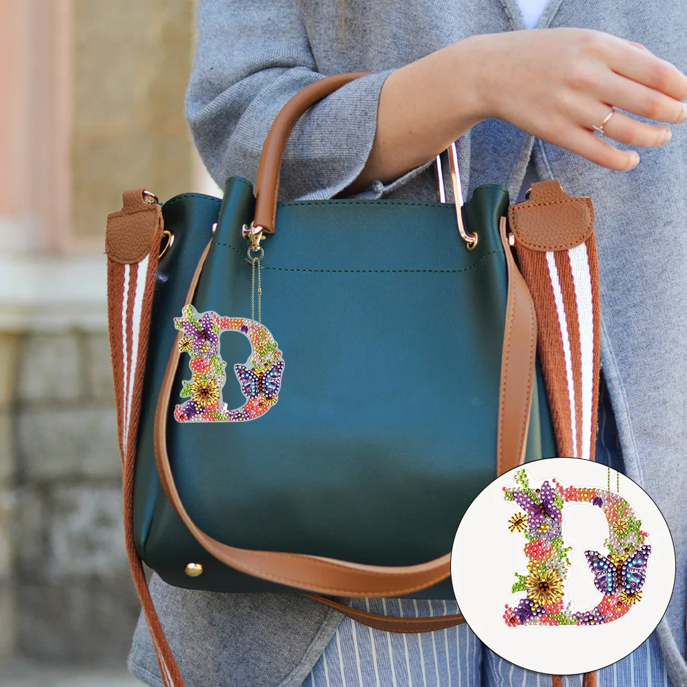 DIY D Diamond Art Key Rings Lettter Keychain Supplies Gift for Kids(Double Sided)