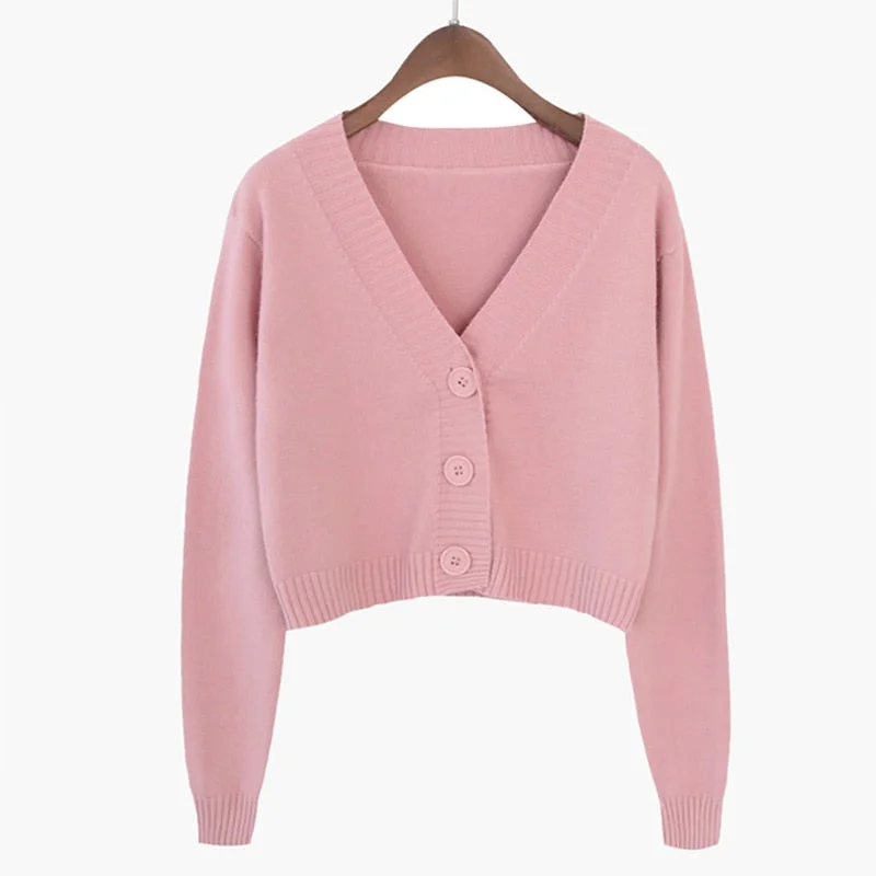 Zoki Corp Cardigan Sweater Autumn Long Sleeve Soft Sexy V Neck Knitted Korean Short Top Casual Single Breasted Pink Thin Blouse