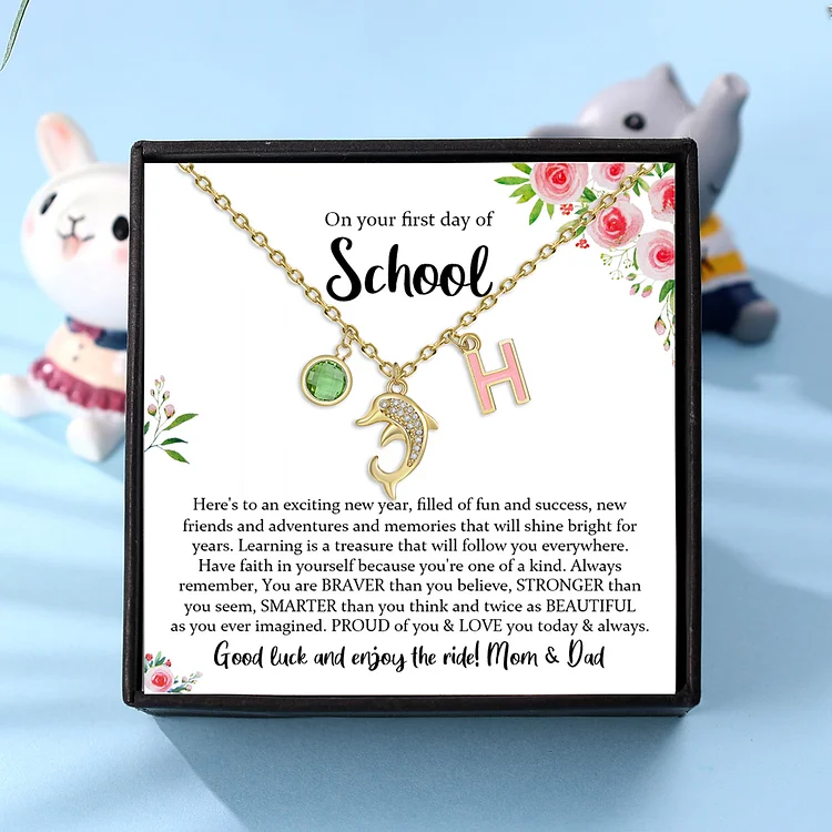 Back To School Personalized Dolphin Necklace Custom Birthstone and Initial Necklace