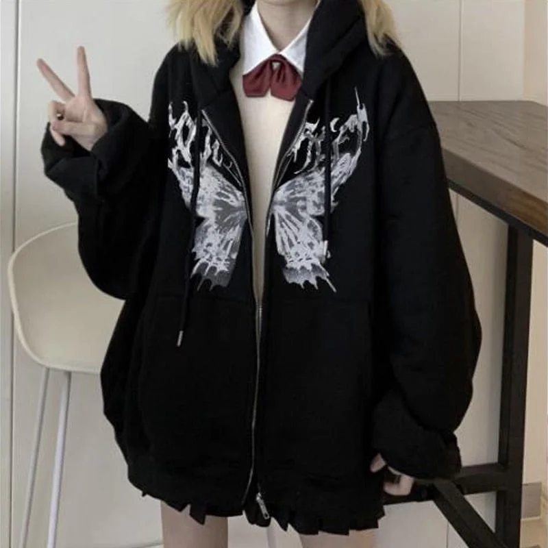 Uforever21 2023 Autumn New Fall Outfits Butterfly Zip Up Hoodie Long Sleeve Hooded Sweatshirt Black Oversized Tops Y2K Style Grunge Loose Goth Winter Clothes Women