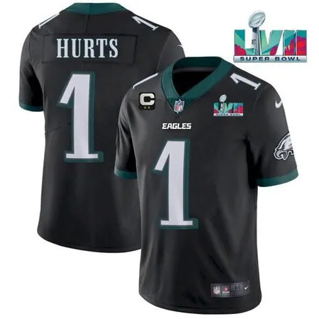 Men's Philadelphia Eagles #1 Jalen Hurts Black Super Bowl LVII Patch And 2-star C Patch Vapor Untouchable Limited Stitched Jersey 8NLU
