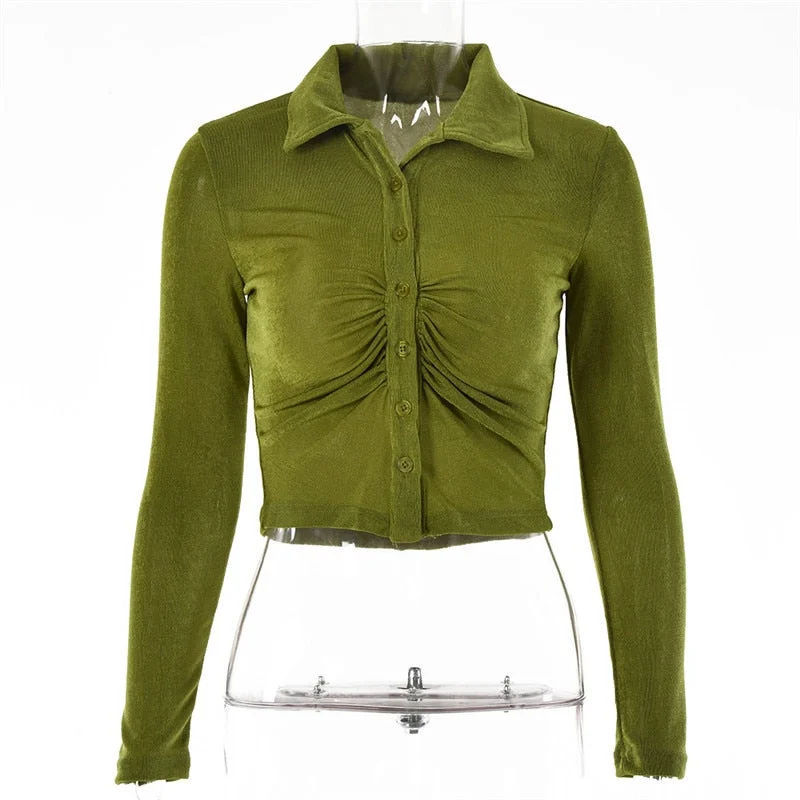 Articat Autumn Long Sleeve Buttons Ruched T-Shirts Women Sexy Turn-Down Collar Slim Crop Tops Femme Fashion High Street T Shirt