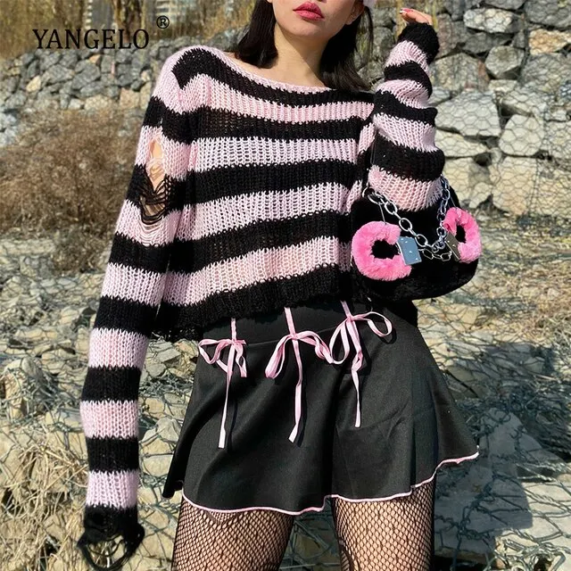 Halloween 200 Gothic Knitted Sweater Women Long Pullovers Striped Loose Winter Ripped Plus Size Sweaters Jumpers Mujer Jersey 924