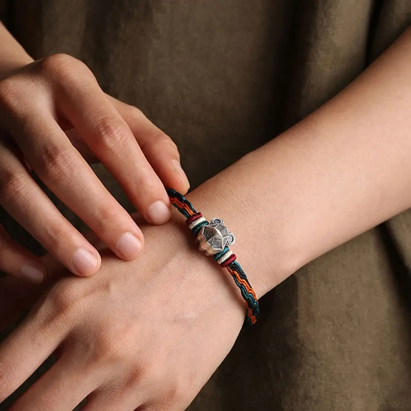Handmade 999 Sterling Silver Year of the Dragon Chinese Zodiac Protection Colorful Reincarnation Knot Rope Bracelet