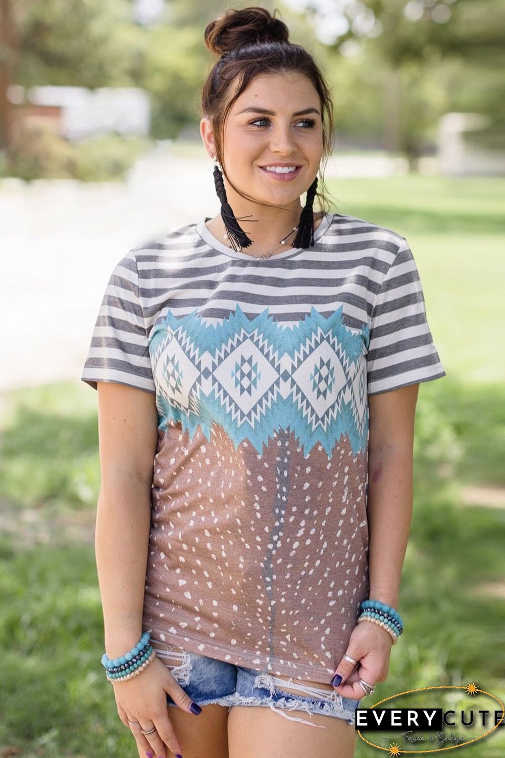 Striped Aztec Dotted Mixed Prints Tee