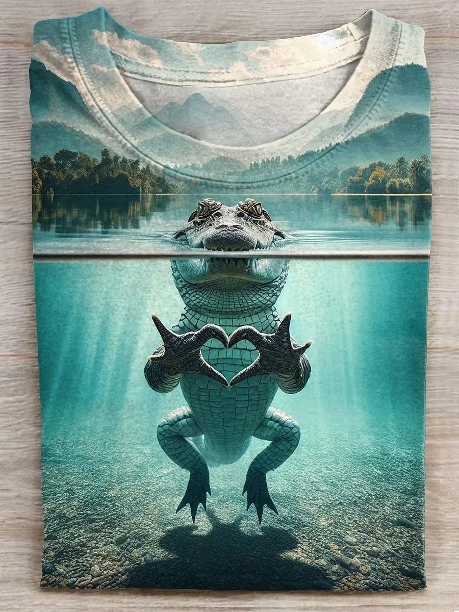 Eagerlys Crocodile Heart Art Print Casaul Short Sleeve T-shirt Eagerlys