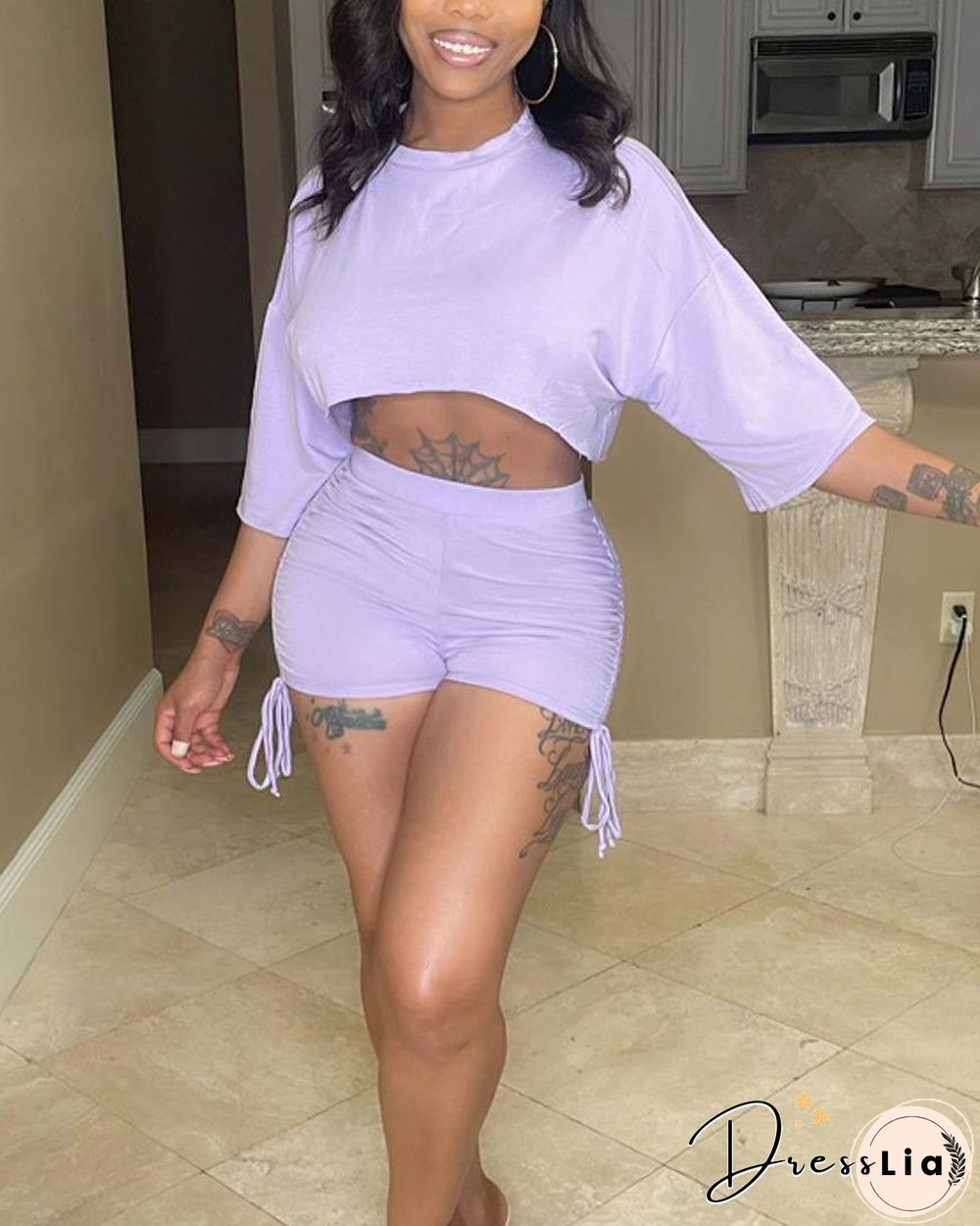 Solid Color Drop Shoulder Crop Top & Drawstring Ruched Shorts Set