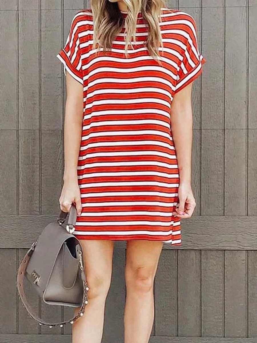 Casual Style Red Striped Mini Dress