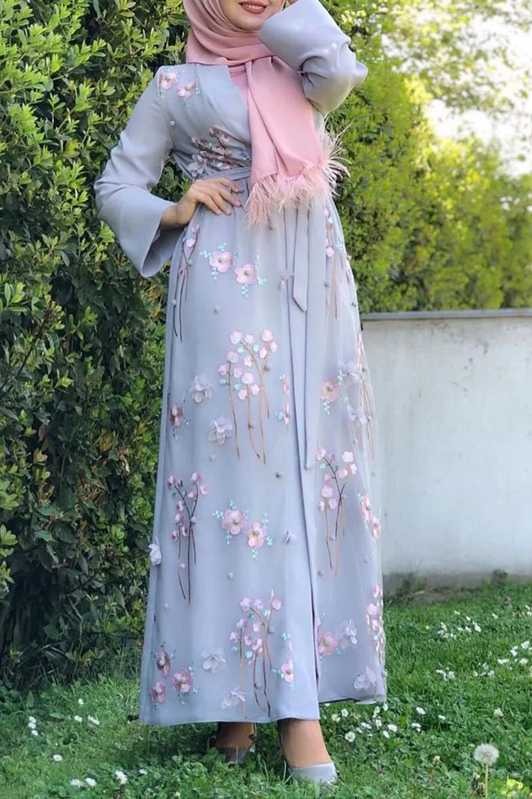 3D Flower Embroidery Long Sleeve Knotted Waist Abaya Long Cardigan