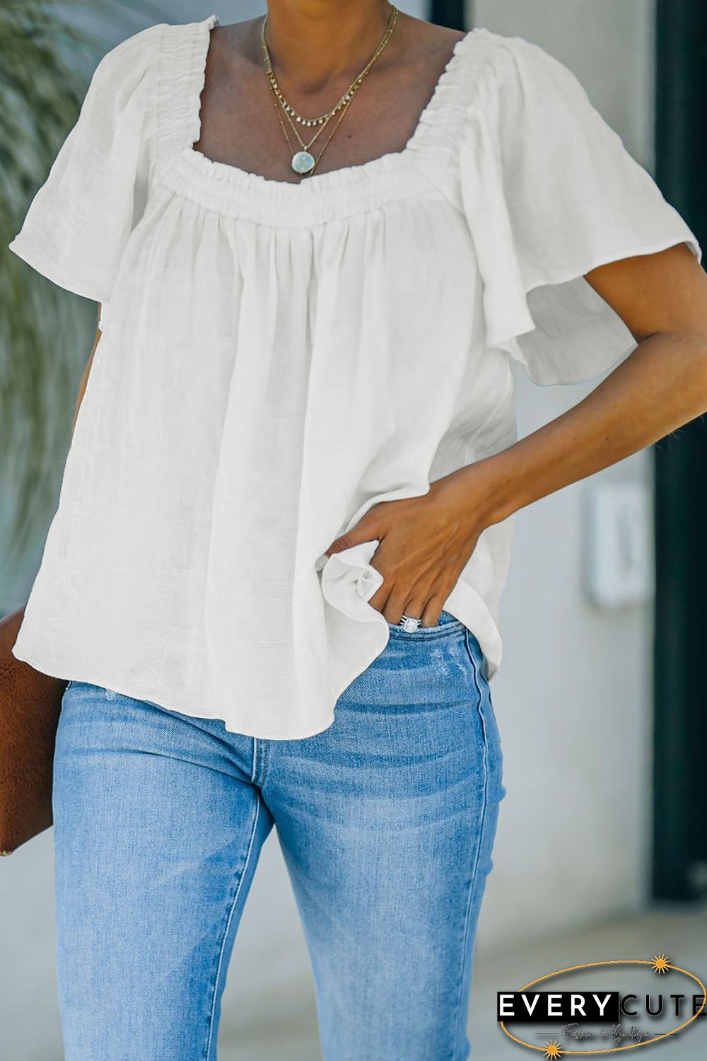 White Square Neck Jacquard Short Sleeves Top