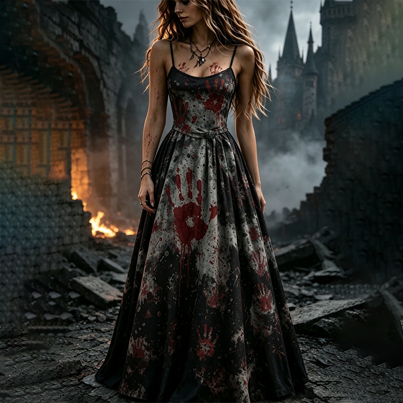 Women's Halloween Gothic Style Long Dress With Bloody Hand Print Pattern artswardrobe