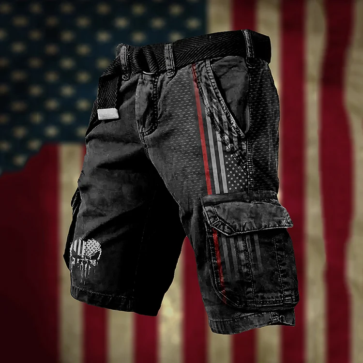 Men's Retro Skull Usa Flag Graphic Design Cargo Shorts