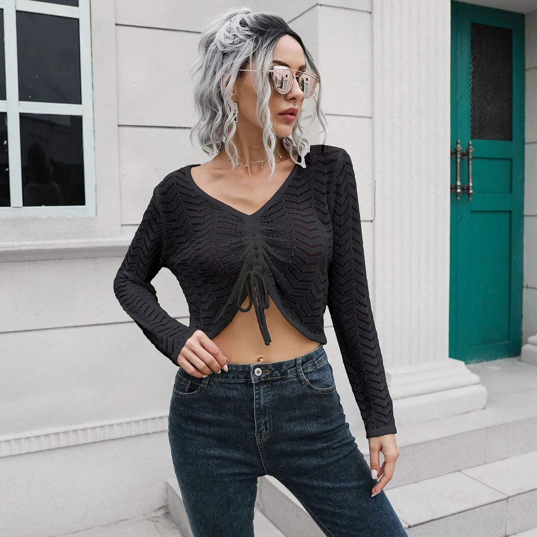 Jangj Autumn Cut Out Strappy White Sweater Tops Women Solid Color Long Sleeve V Neck Knitted Crop Top