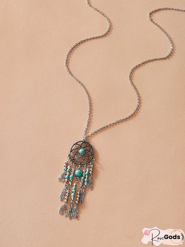 Turquoise Engraved Dream Catcher Necklace