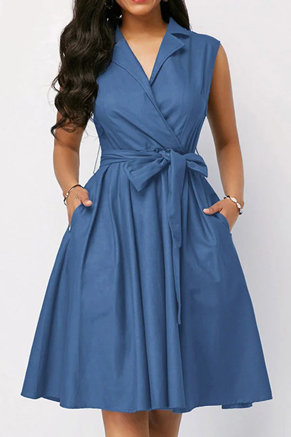 Solid Color Notched Lapel Urban Belted Midi Dress