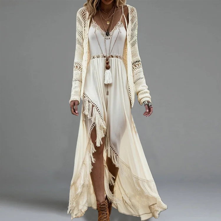 Ursime Boho Irregular Fringe Slit Cami Maxi Dress
