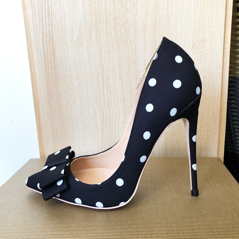 Polka Dot Women Black Satin Stiletto High Heels With Bowknot Chic Ladies Dress Shoes Pointed Toe Silk Pumps