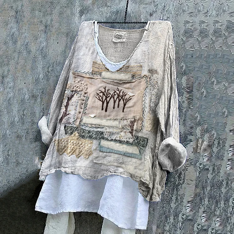 Vintage Patchwork Tree Embroidery Art Linen Blend Blouse