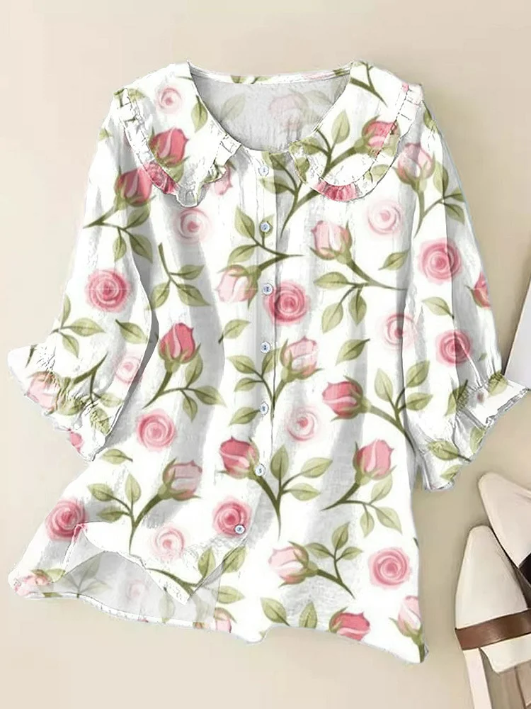 Women's  Fresh Floral Art Print Loose Top Peter Pan Collar Half Sleeve Blouses