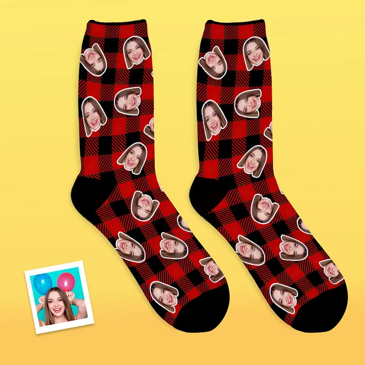 Custom Photo Socks Red Plaid Print Personalized Gift