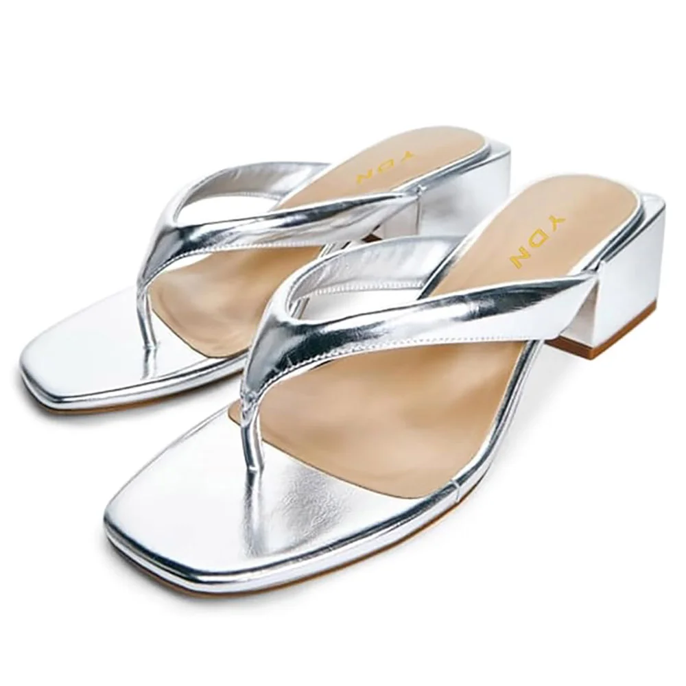 Silver Metallic Finish Open Toe Block Heel Flip Flops for Women
