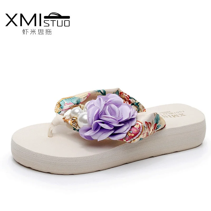3cm High Heel Women's Beach Slippers for Women In Summer with Thick Heeled Sandals Flower Wedge Slippers  Women  house shoes