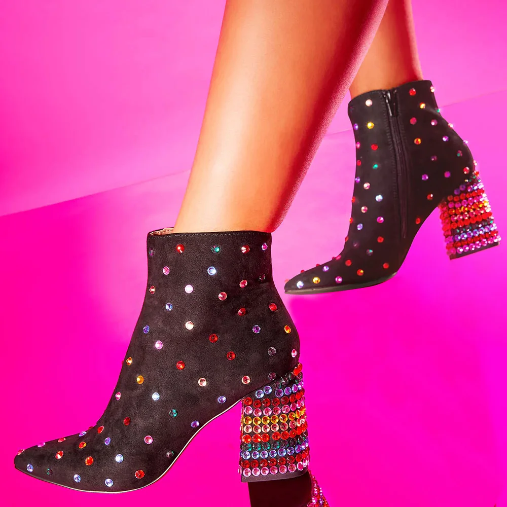 Black Suede Ankle Boots With Rhinestone Block Decorative Heel Boots Nicepairs