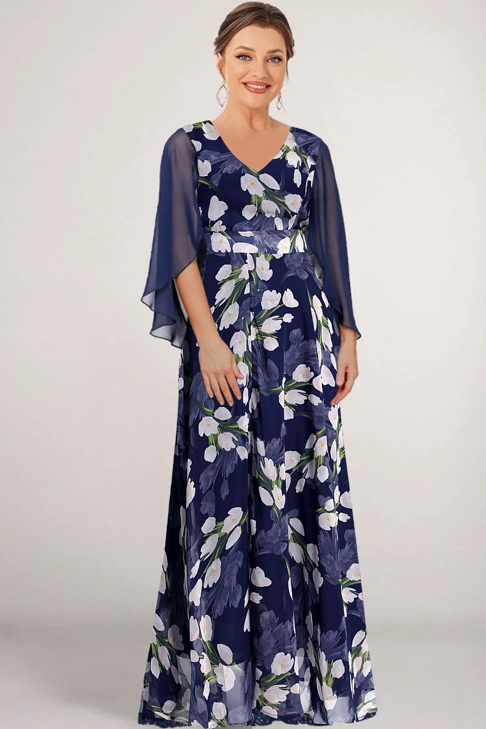 Flycurvy Plus Size Formal Navy Blue Tulip Print Cape Sleeve Maxi Dress 2024 - Flycurvy 
